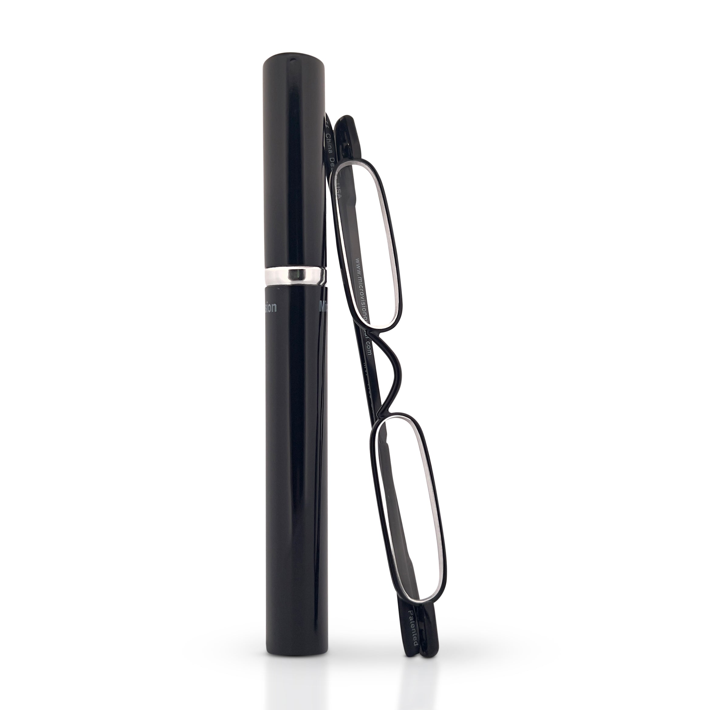 Black sleek, compact, patented, stainless steel, original mini readers perfect for on the go