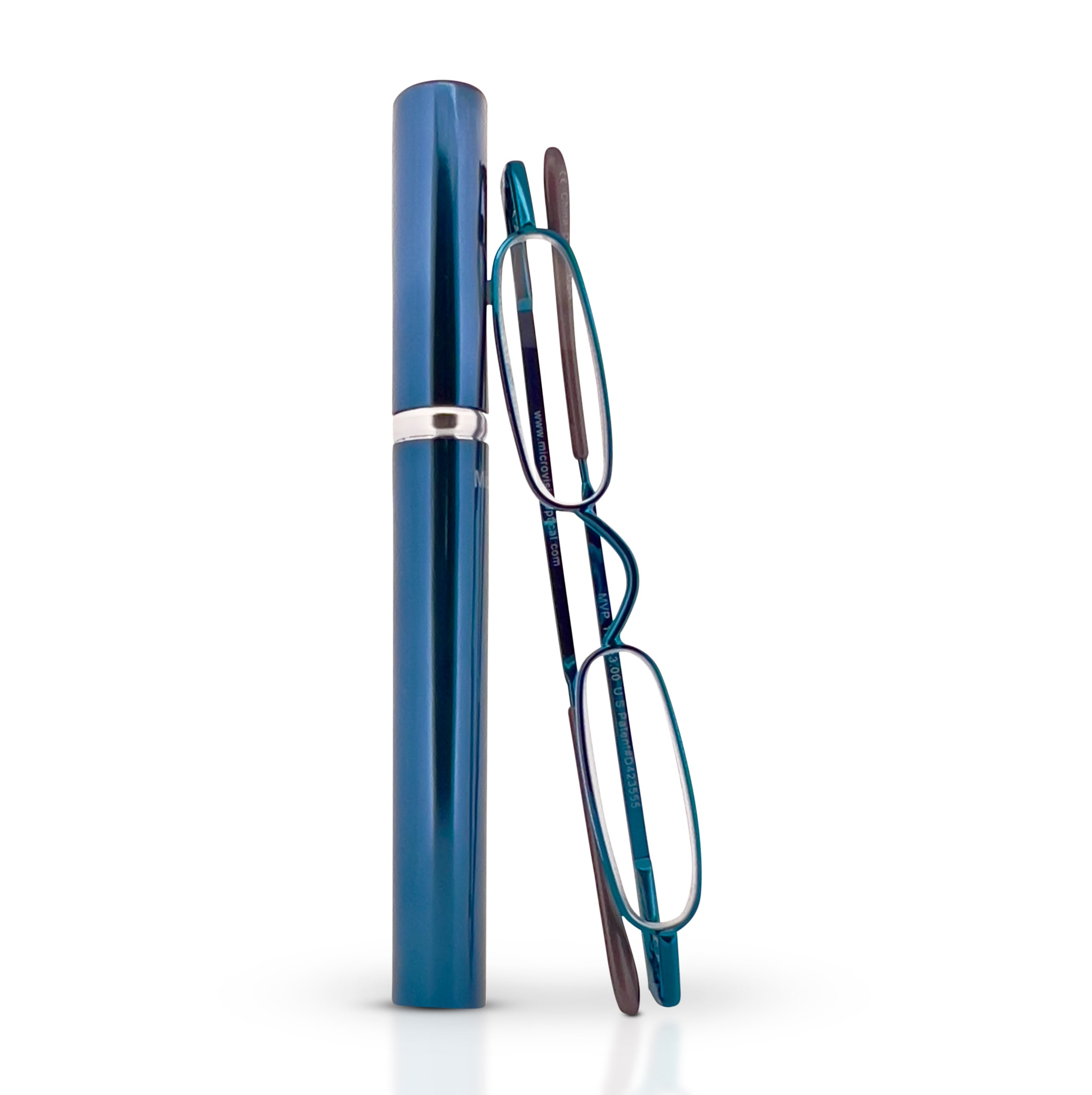 Blue sleek, compact, patented, stainless steel, original mini readers perfect for on the go