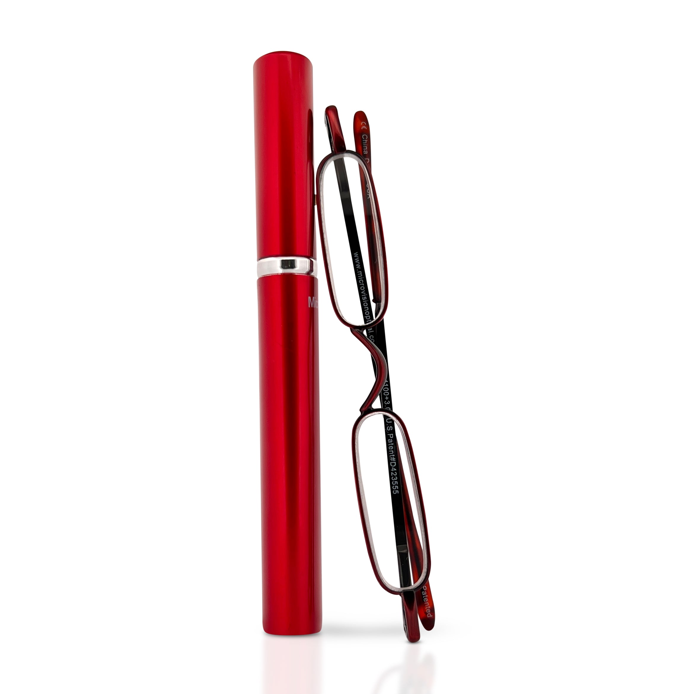 Red sleek, compact, patented, stainless steel, original mini readers perfect for on the go